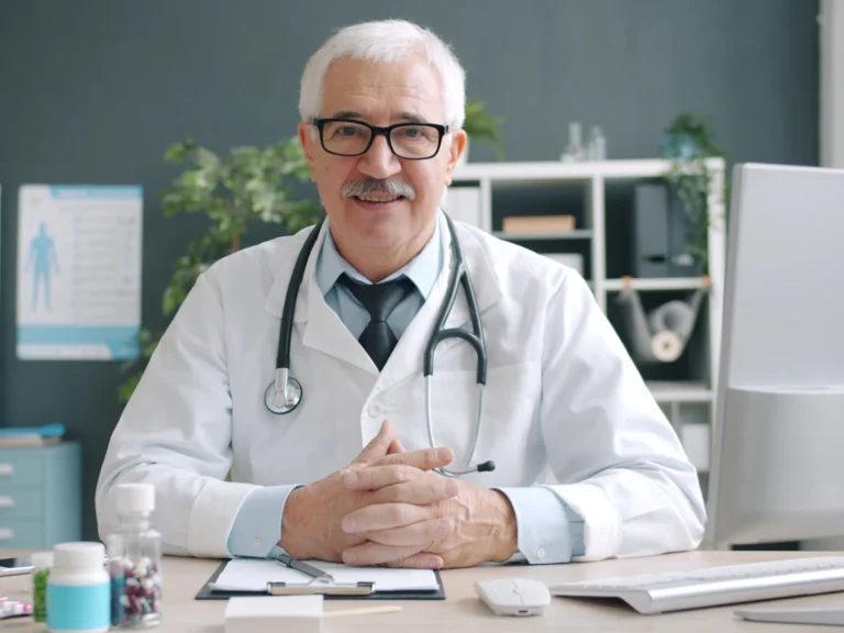 Elderly doctor in white coat with stethoscope at desk