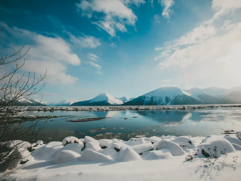 Snow covered mountain reflections at daytime